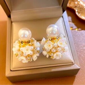 New Flower Faux Pearl Unique Ball Earrings- One Pair